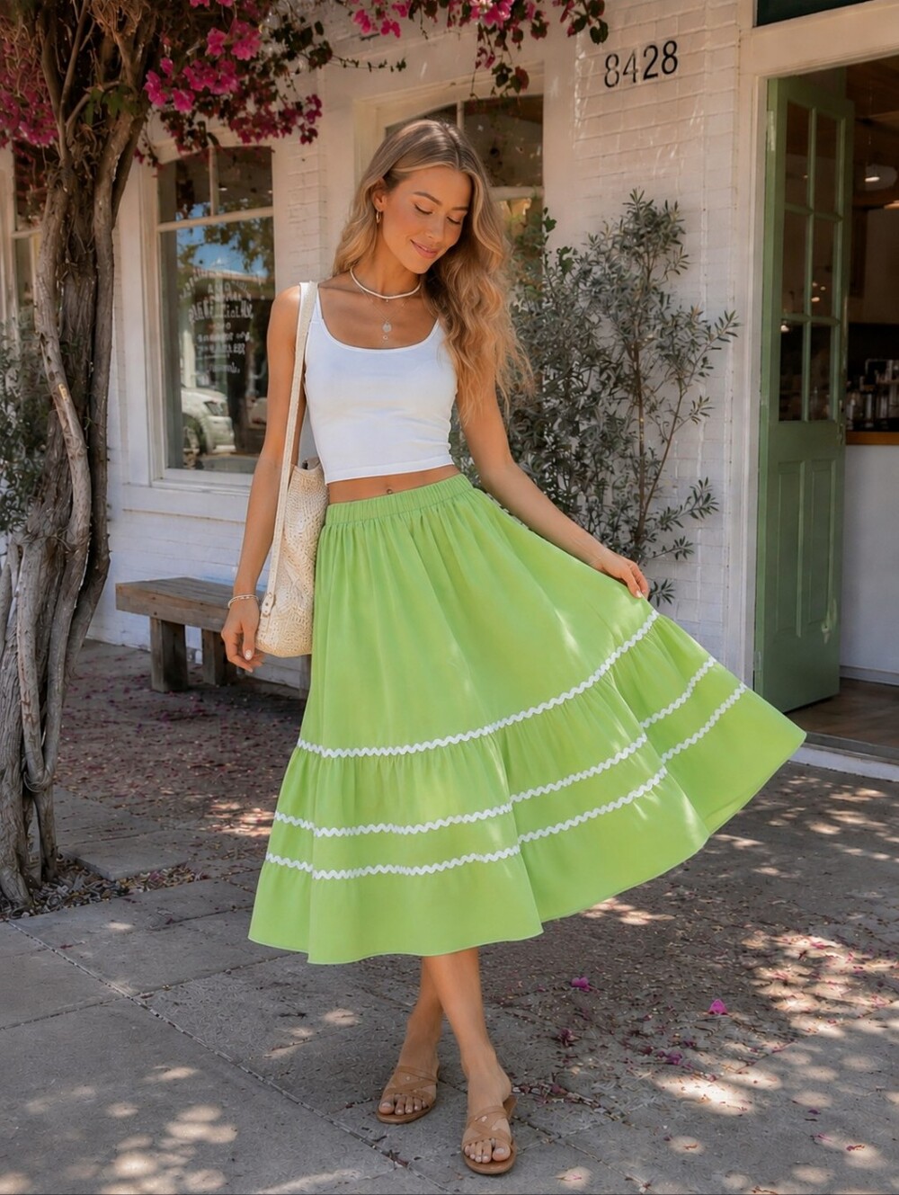 Lime Green Ric Rac Midi Skirt Large Citrus Preppy Summer Resort wear Vacation
